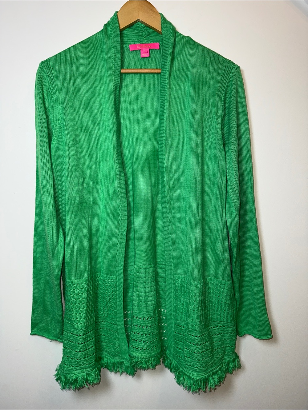 Lilly Pulitzer Noble Fringe Cabana Green Open Front Cardigan - Picture 2 of 11